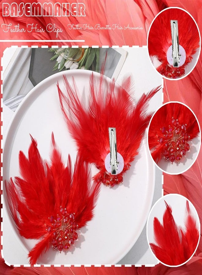 بيسماهير قطعتان من مشابك الشعر المزينة بالريش على طراز الباليه، مزينة بزهرة كريستالية وريش النعامة والبجعة، إكسسوارات شعر للنساء والفتيات والعرائس وحفلات الزفاف وعيد الحب والهالوين وعروض المسرح (أحمر) - Image 2